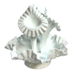 Vintage Fenton Hobnail White Milk Glass Triple Epergne Trumpet Vase REPAIRED